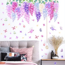 Hanging Flower Wall Stickers Purple Flower Vine Wall Decals Colorful Summer Flowers Wall Stickers Bird Floral Blossom Garden Floral Wall Decals for Girls Bedroom Nursery Decor