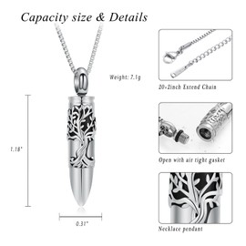 XSMZB Bullet Cremation Ashes Jewelry Tree of Life Keepsake Urn Necklace for Ashes Stainless Steel Memorial Pendant for Women Men(Silver)