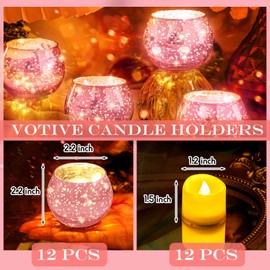 Rtteri 12 Set Votive Candle Holders Centerpiece Table Decorations Speckled Mercury Glass Votive Candle Holders with Tea Lights Birthday Party Decorations for Wedding Home (Pink)