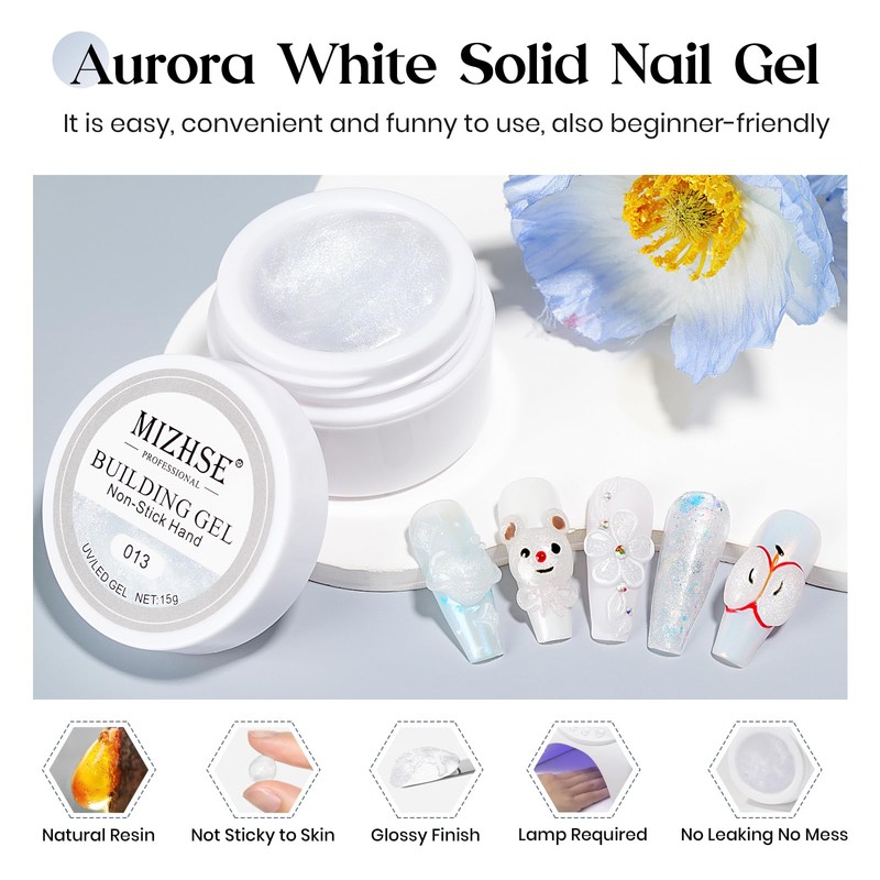 MIZHSE Solid Builder Gel, Aurora White 3D Gel Nail Art