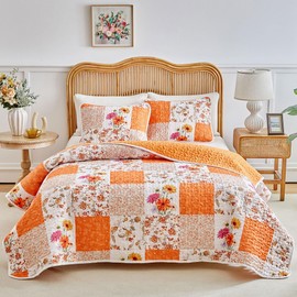 Joyreap 3 Pieces Floral Patchwork Quilt Set Queen, Orange n White Flowers Design, Smooth Soft Microfiber Quilt, Bedspread Bed Cover for All Season- 90x90 inches