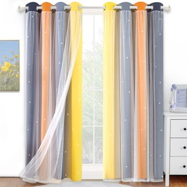 Kinryb Rainbow Star Cutout Curtains for Girls Colorful Stripe Double Layer Colorful Kids Blackout Curtains with White Sheer Living Room Window Curtains Pink/Yellow W52 x L84 2 Panels