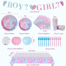 Decorniqu Gender Reveal Party Decorations 146 Pcs Serves 24 Guests Boy or Girl Party Supply with Disposable Paper Plates Napkins Cups Tablecloth Cutlery for Baby Shower Decorations