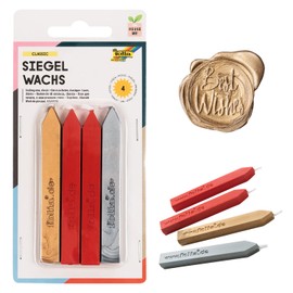 folia 31119 - Siegelwachs Classic, 4 Siegelkerzen im Set, je 1 Siegelkerze in silber und gold und 2 Siegelkerzen in rot, zum stilechten Verzieren von Karten, Briefen und Einladungen