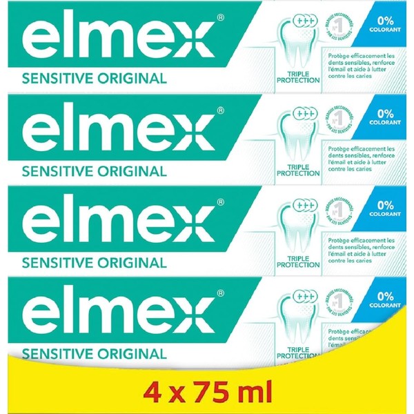 ELMEX - Pâte Dentifrice Elmex Sensitive Original 0 % Colorants - Dents Sensibles, Gencives Douloureuses, Protection de l'Email - lot de 4X75 ml