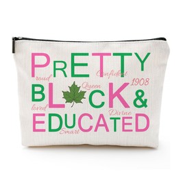 Sorority Gift Pink and Green Canvas Makeup Bags, Pretty Black and Educated Cosmetic Organizer for Sisters & Friends Greek Sorority Paraphernalia