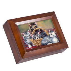 Cottage Garden Having a Picnic Kittens in Basket Wood Finish Jewelry Music Box - Plays Tune You are My Sunshine