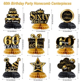 Qpout 9 Pieces 60th Birthday Honeycomb Centerpieces for Women Men, 60th Birthday Party Table Centerpieces Decorations, Black and Gold, Cheers to 60 Years Bday Table Toppers Decor