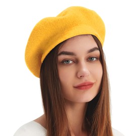 Wool Beret Hat French Beret Cap Winter Artist Painter Hat Solid Color for Women, Yellow, One Size