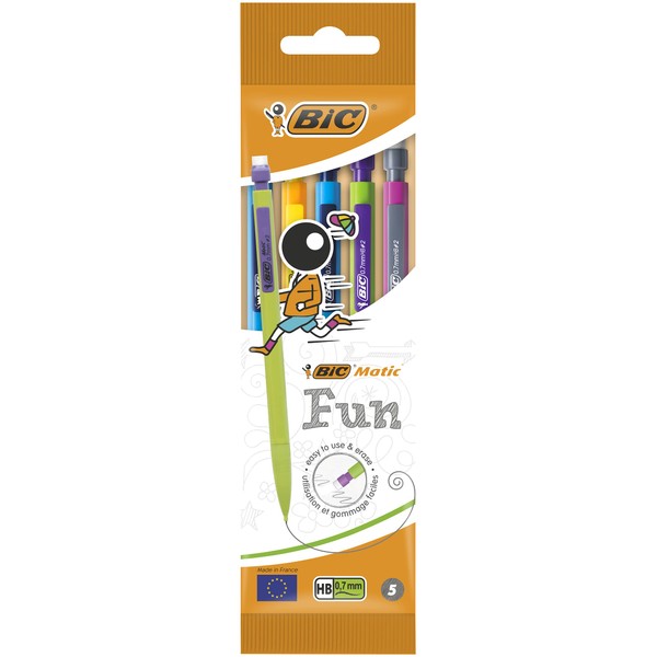 BIC Matic Fun, HB Mechanical Pencils and Eraser, Assorted Barrel Colours with Fine ,Yellow,Blue,Green,White,Pink,Point (0.7mm), Pack of 5,Yellow,Blue,Green,White,Pink