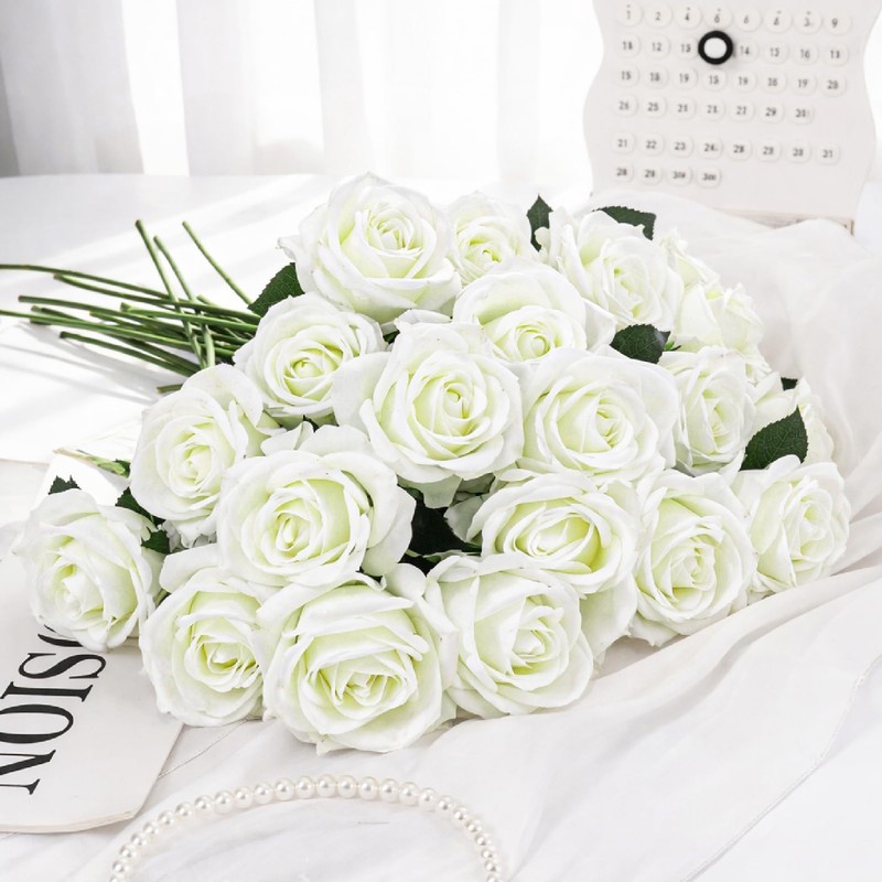 20 Pcs White Artificial Flowers Fake Artificial Roses Silk Flower