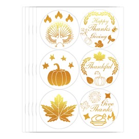 300 Pcs Happy Fall Thanksgiving Clear Stickers 1.5inch 6 Styles Foil Gold Round Label Stickers Pumpkin Maple Leaf Turkey Self-Adhesive Sticker for Autumn Envelope Sealing Present Box Decoration