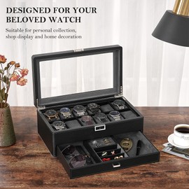 BEWISHOME 12 Watch Box with Valet Drawer, Luxury Watch Case Jewelry Organizer, Leather Watch Organizer for Men Women, Real Glass Top, Metal Hinge, Black SSH02L