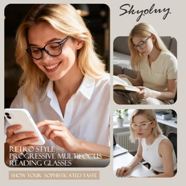 SKYOLUY 2 PCS Distinctive Progressive Multifocus Reading Glasses Women, Retro Round Frame Anti Blue Light/Eye Fatigue Computer Readers, Vintage Lady No-Line Multifocal Eyeglasses (Black&Brown, 2.5x)