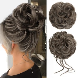 CJL HAIR 2PCS Messy Bun Hair Pieces Wavy Curly Synthetic Updo Chignon Fake Scrunchies Ponytail Extension for Women Pepper Brown