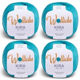 Wollidu Kira 100% Cotton for Knitting and Crocheting 4 x 50 g Set Crochet Yarn Knitting Yarn Turquoise