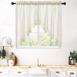 Gibelle Beige Boho Swag Kitchen Curtains 38 Inch Length, 2 Panels Modern Farmhouse Short Cafe Curtains, Linen Small Tier Curtain for RV/Bathroom/Basement/Laundry Room