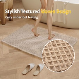 KOEXM Upgraded Waffle Bath Mat Super Absorbent Non Slip Boho Bath Mats for Bathroom Floor Machine Washable Bathroom Rugs with Tassels Rubber Backed Bathroom Mats Ultra Soft Floor Mats 17" x 24" Brown