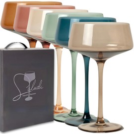 Saludi Colored Coupe Glasses, 10oz (Set of 6) Stemmed Multi-Color Glass - Great for All Cocktail Types and Occasions - Luxury, Durable, Hand-Blown