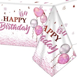 137*274cm Happy Birthday Disposable TableCloth Tablecover for Girls Her Birthday Party,Pink Birthday Rectangular Dining Table Cover Plastic Tablecloths for Baby Girls Women Birthday Party Decorations