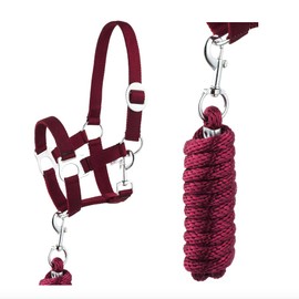 JA4001 Halter Lead Rope Set with Carabiner Hook Adjustable Horse Halter Horse Wooden Horse Tie Rope (Carabiner Hook Wine, Shetty)
