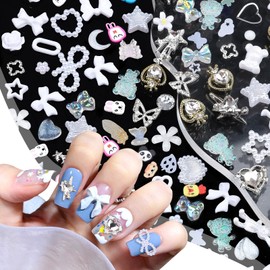 Umillars 650Pcs 3D Heart Star Butterfly Nail Rhinestones Gems Charms Alloy Butterfly Flower Bow Nail Gems and Charms Mix Size Rhinestones Nail Gems Pearls for Nail Art DIY Accessories (White)