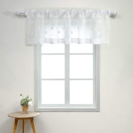 VOGOL White Sheer Valance Curtains, Elegant Flower Embroidered Lightweight Window Valance for Office, Small Rod Pocket Breathable Voile Curtain Panels for Kitchen Bathroom, 60Wx18L, 1 Piece