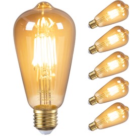 DiCUNO E26 Edison Bulbs 60W, 2200K Amber Warm, 6W LED Edison Bulb ST64, Amber Glass, Vintage Filament Light Bulbs for Decoration, 600LM, Non-Dimmable, CRI 80, Pack of 6