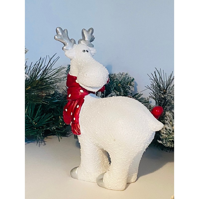 White Reindeer with Red Spotty Scarf Christmas Ornament (STANDING DEER