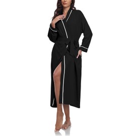 COLORFULLEAF Womens Dressing Gown Long 100% Cotton Kimono Robe Lightweight Ladies Bathrobe V Neck Soft Spa&Hotel Nightwear with Pockets for All Seasons(Black,2XL)