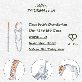 Double Chain Dangle Hoop Earrings with Zircon 925 Sterling Silver Earrings for Women Teenage Girls Hanging Long Chain Hypoallergenic Ladies Huggie Earrings Mum Friend Wife Sister Birthday Gifts Orange