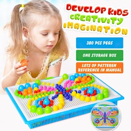 Elezeal 380 pcs Mushroom Nails Pegboard Creative Puzzle Blocks Mix Colourful Building Bricks Educational DIY Mosaic Toys for Kids Toddlers Birthday Gift for Boys Girls