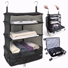 Grand Fusion Stow-N-Go Packing Organizer for Luggage, Portable Hanging Travel Shelves, Carry-On Closet, Hanging Packing Cubes, Collapsible Carry-On Organizer for Cruises & Hotels. Black - XL