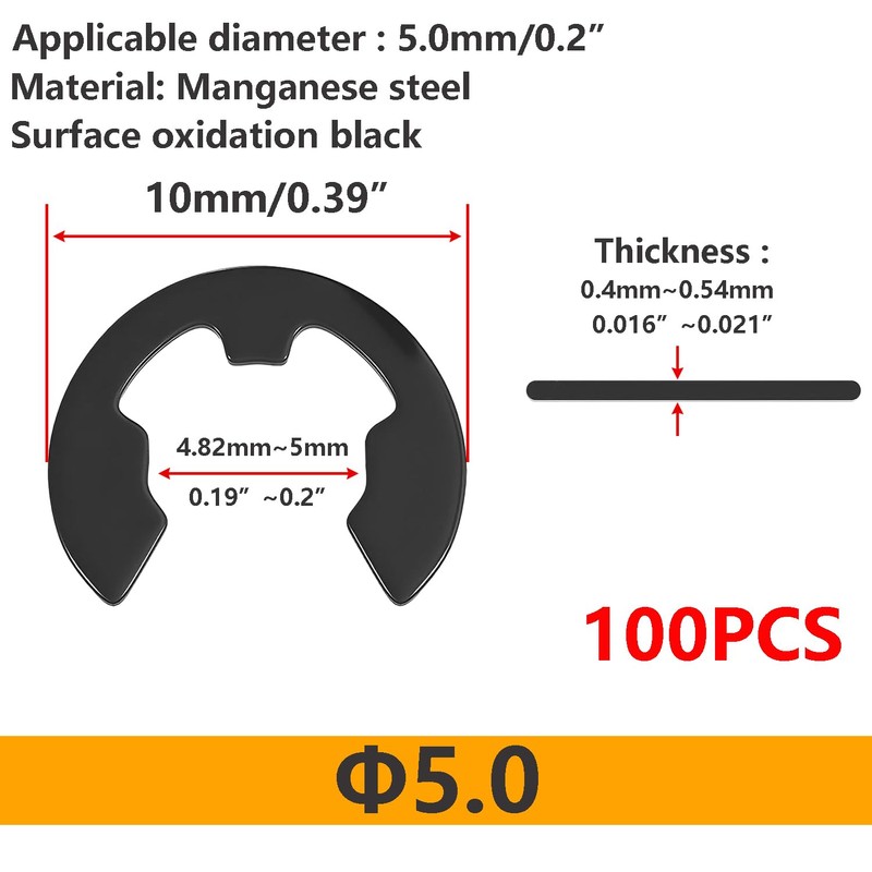 Ctyjia Pack of 100 E Clip Retaining Rings 5.0 mm