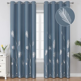 Estelar Textiler Stone Blue Blackout Curtains 96 Inches Long, Grommet Curtains with Silver Palm Tree Pattern, Light Blocking Thermal Insulated Window Drapes for Bedroom, 52Wx96L, 2 Panels