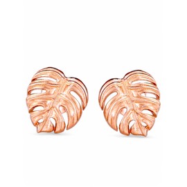 MadamLili Rose Gold plated Monstera Leaf Ear Studs - 925 Sterling Silver Tiny Tropical Exotic Leaves Jewelry - Botanical Floral Plant Garden Lovers Flower Jewelry