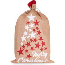 BRUBAKER Christmas Sack Stars White & Red - Merry Christmas Holiday Gift Bag - Santa Sack with Drawstring for Gift Wrapping - Jute Sack - Set of 4