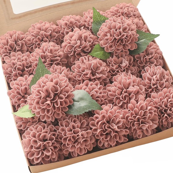 Floroom Artificial Dahlia Flowers 25pcs Real Looking Dusty Rose Foam