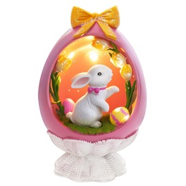 TaoQ C Pink Easter Bunny Figurine with LED, Resin Rabbit Figurines Easter Bunny Statue Spring Rabbit Desktop Decoration for Spring Home Room Party Decoration