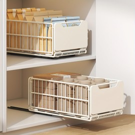 Pull Out Cabinet Organizer Fixed with Adhesive Nano Film, 1 Pack Sliding Mesh Cabinet Basket with Handle, Heavy Duty Slide out Pantry Shelves Drawer Storage for Home, Kitchen, Bathroom, Cream