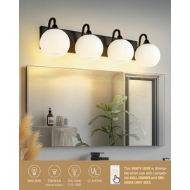 Emak 29 Inch Black Vanity Lights with Milk Glass Shade, 4-Light Bathroom Light Fixtures Over Mirror, Modern Farmhouse Globe Wall Sconces for Bathroom, Mirror, VL118-BK-ML-4