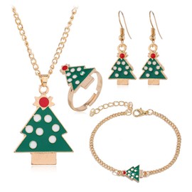 Christmas Tree Santa Claus Necklace Earrings Ring Bracelet Set Christmas Jewelry Set for Women Girls Xmas Holiday Christmas Party Jewelry Gifts (A：Christmas Tree)