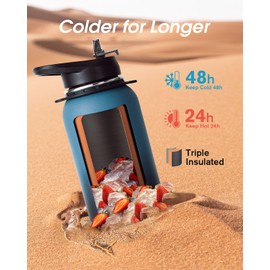 Coolflask Insulated Water Bottle with Strap, 40 oz Metal Water Flask with Straw & Spout Lids, Stainless Steel Double Wall Vacuum, Keep Cold 48h Hot 24h, Leak Proof & Non-BPA, Prussian Blue