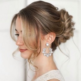 Flyonce Rhinestone Oval Hoop Dangle Earrings, Austrian Crystal Geometric Statement Drop Earrings for Women Clear Gold-Tone