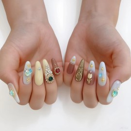 LOHAS Home 3D Carved & Painted Handcrafted Cute Wearable Nails Reusable Ultra-Thin Seamless Long Press-on Nails, Pearl Flowers & Stars