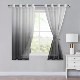XWZO Ombre Curtains with Eyelets, Colour Gradient, Voile, Sheer Curtains, Set of 2, for Bedroom and Living Room, Loop Curtains with Tiebacks, 145 x 140 cm (H x W), Grey