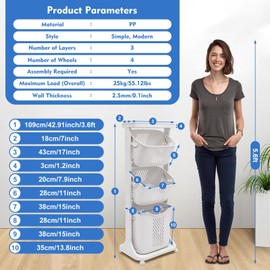 Laundry Basket, 3 Tier Plastic Foldable Laundry Hamper Basket with Wheels Rolling Laundry Hamper Storage Sorter for Laundry Room, Bedroom & Bathroom