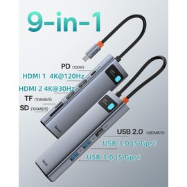 Baseus 9-in-1 Docking Station USB C, 4K@120Hz HDMI Mit 2 Monitore, 100 W PD, 1000 Mbps Ethernet, TF/SD Kartenleser, 3*USB A, Multiport Adapter USB Hub Dual Monitor für MacBook PC und Mehr