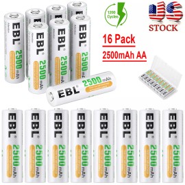 EBL 16 Count 2500mAh AA Rechargeable Batteries 1.2V Double A 2A NI-MH Battery + Case