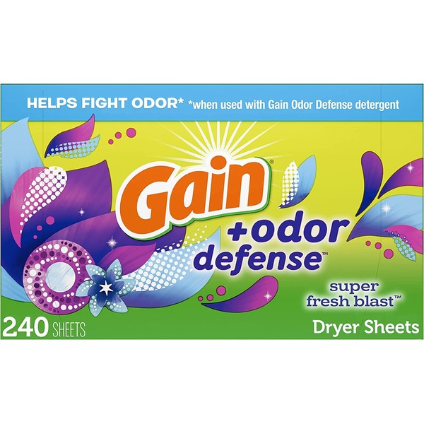 Gain + Odor Defense Dryer Sheets, Super Fresh Blast Scent Fabric Softener Sheets, 240 ct